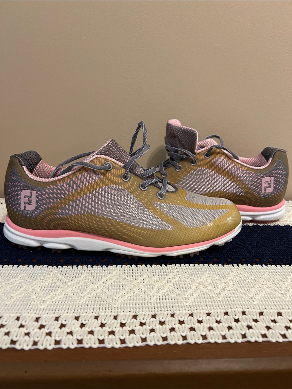 FootJoy Pink and Golden Olive Women's Athletic Golf Shoes